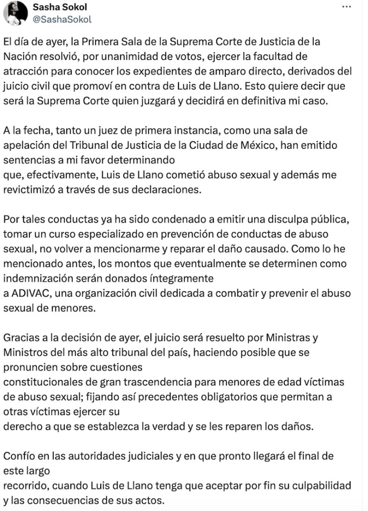 La importancia de que el caso de Sasha Sokol contra Luis de Llano por abuso llega a la Suprema Corte