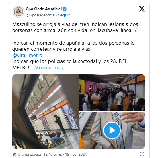 Metro CDMX: Hombre ataca con cuchillo a 4 pasajeros y se arroja a las vías en Tacubaya