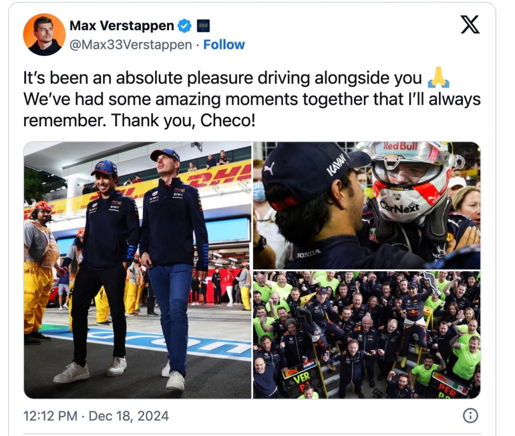 Reacción despedida de verstappen por la salida de Checo Pérez de Red Bull