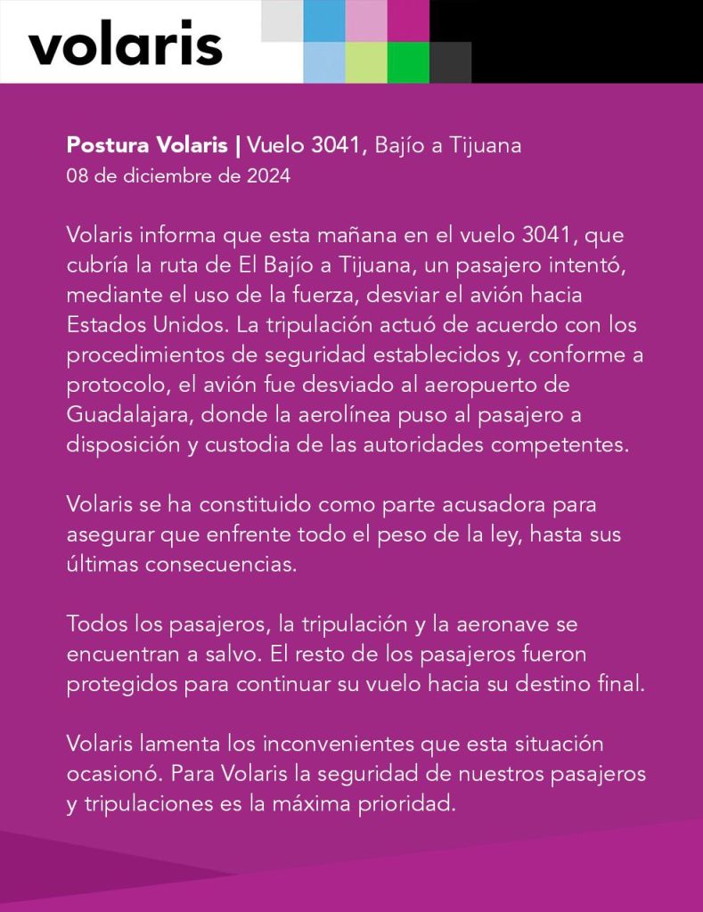 Pasajero intenta desviar vuelo de Volaris hacia Estados Unidos y es detenido