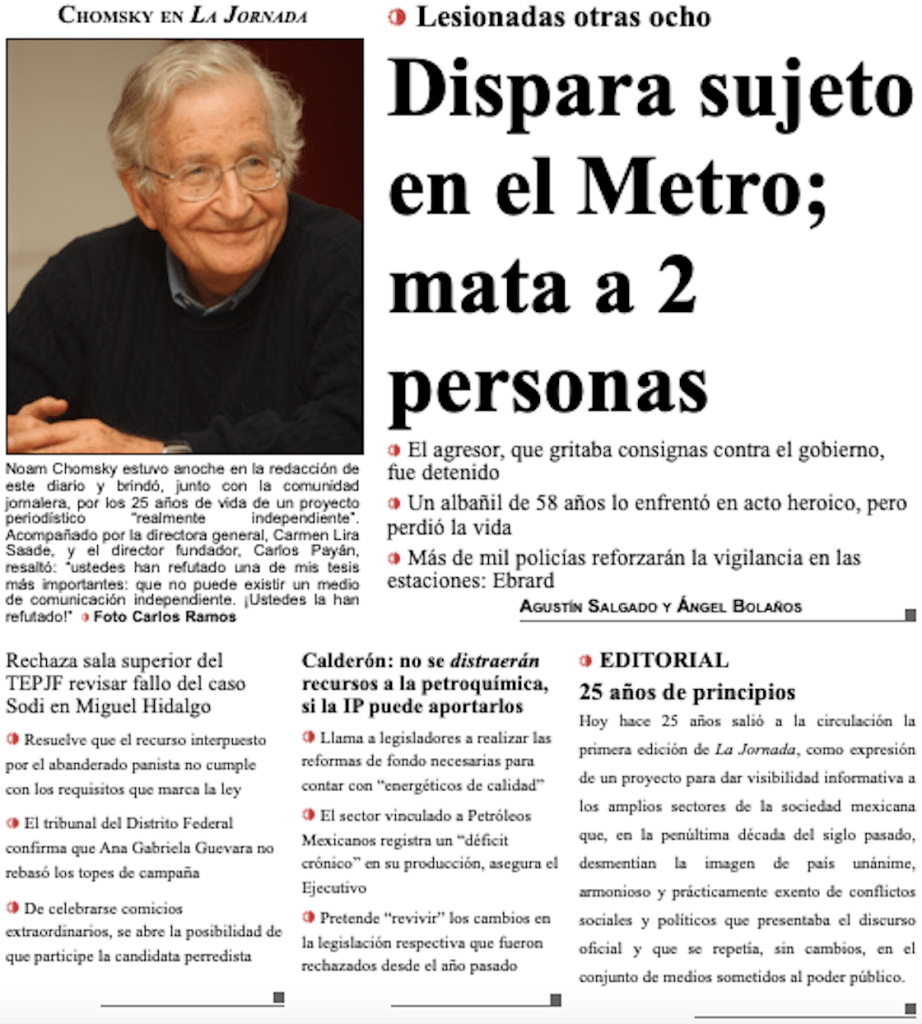 Portada de La Jornada un día después del ataque en Metro Balderas.