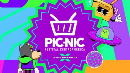 Logo del Picnic Festival Centroamérica en su décimo aniversario, acompañado de ilustraciones coloridas con personajes animados, como un lobo, un waffle y un gato en una nave espacial, sobre un fondo vibrante en tonos verdes, morados y azules.