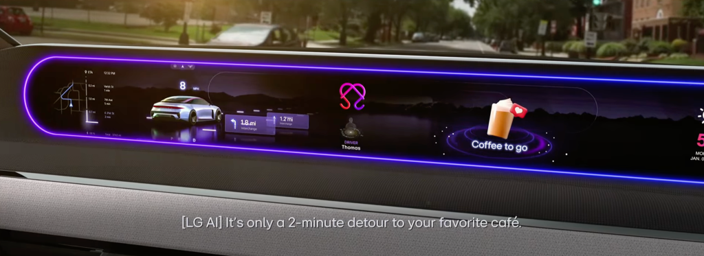Pantalla interior de un vehículo con inteligencia artificial de LG mostrando navegación, recomendaciones personalizadas como "Coffee to go" y datos en tiempo real.