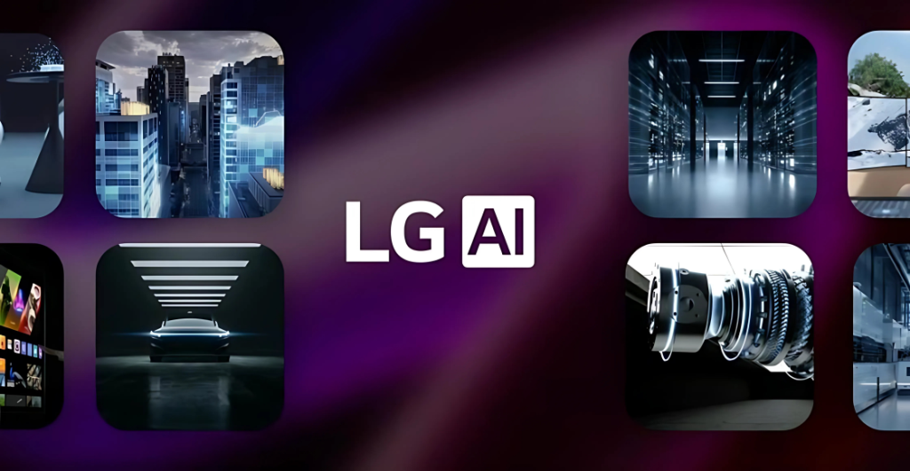 Logo de LG AI rodeado de imágenes representativas de inteligencia artificial aplicada a ciudades, movilidad, centros de datos y tecnología futurista.