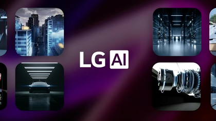 Logo de LG AI rodeado de imágenes representativas de inteligencia artificial aplicada a ciudades, movilidad, centros de datos y tecnología futurista.