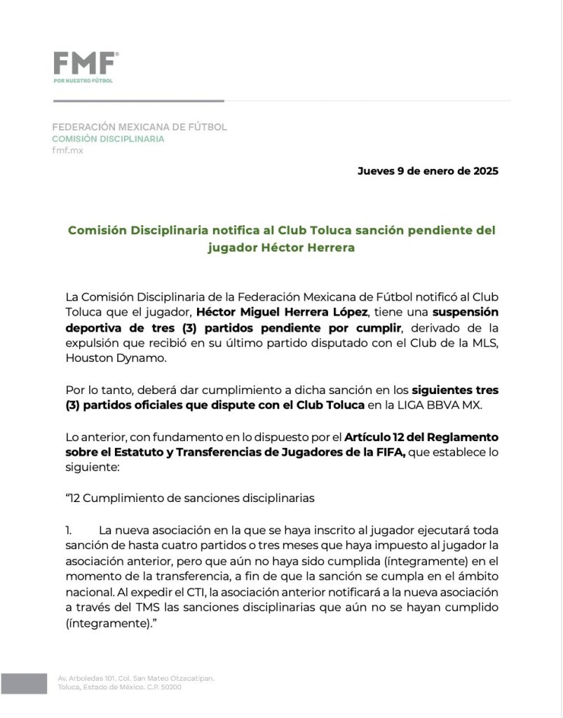 Los partidos que se perderá Héctor Herrera con Toluca por escupir al árbitro en la MLS