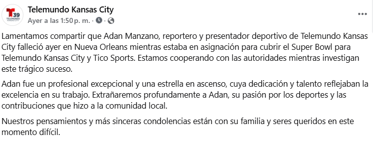 Adán Manzano: Arrestan a mujer por muerte de periodista que cubría el Super Bowl