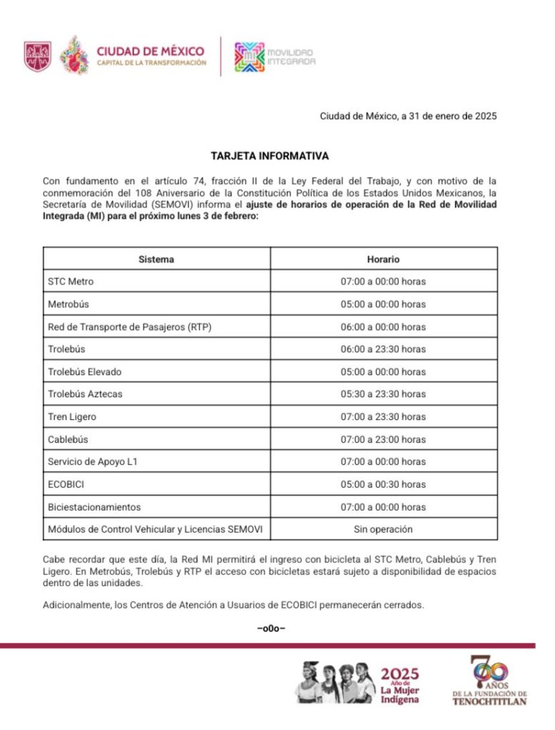 Este será el horario del Metro, Metrobús y Cablebús en CDMX este 3 de febrero 