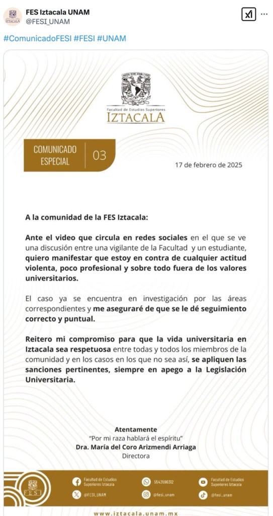 Comunicado oficial de la FES Iztacala