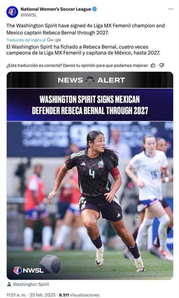 Rebeca Bernal, nueva jugadora del Washington Spirit 