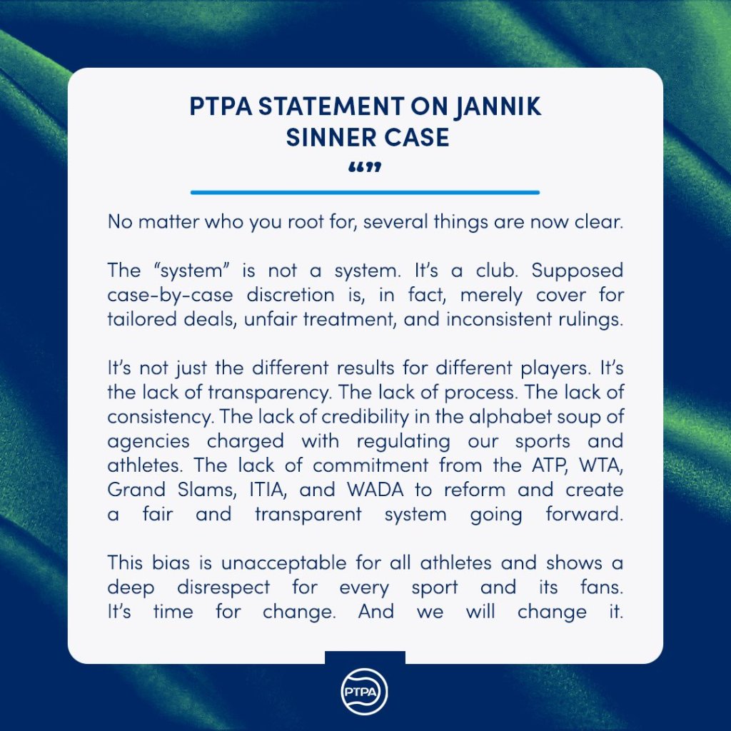 Postura de Asociación de jugadores PTPA por suspensión de Jannik Sinner