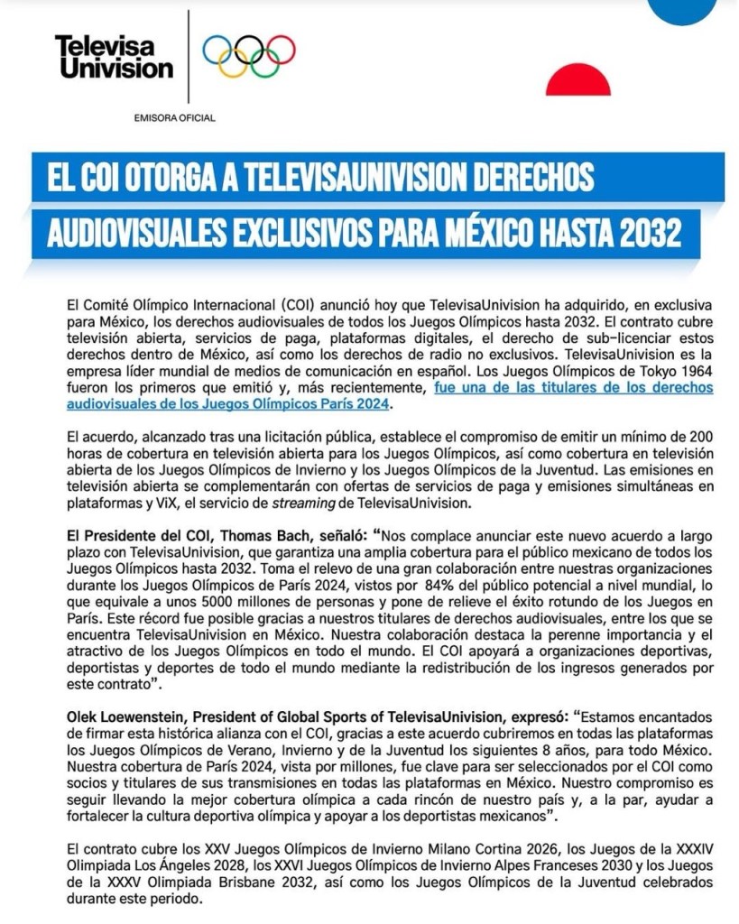 Televisa transmitirá los Juegos Olímpicos de 2028 y 2032